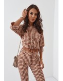 Short blouse with a houndstooth collar, cream and brown 02011 - Online store - Boutique